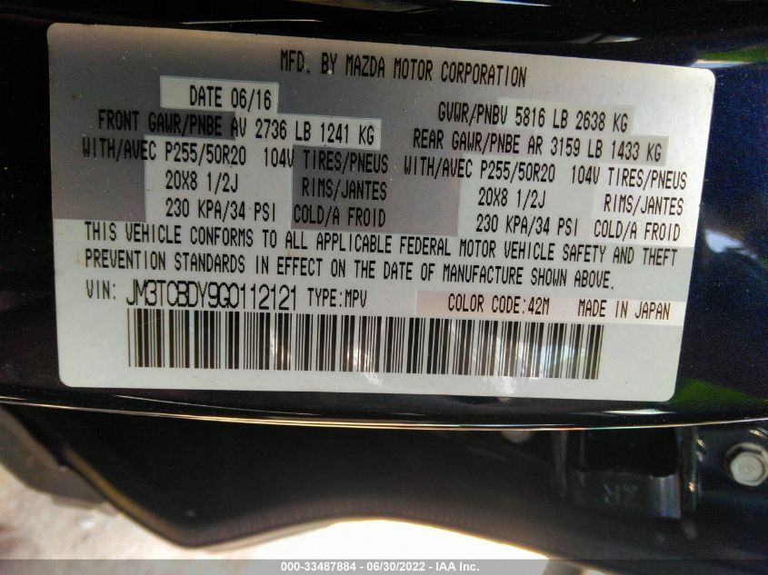 2016 MAZDA CX-9 GRAND TOURING JM3TCBDY9G0112121
