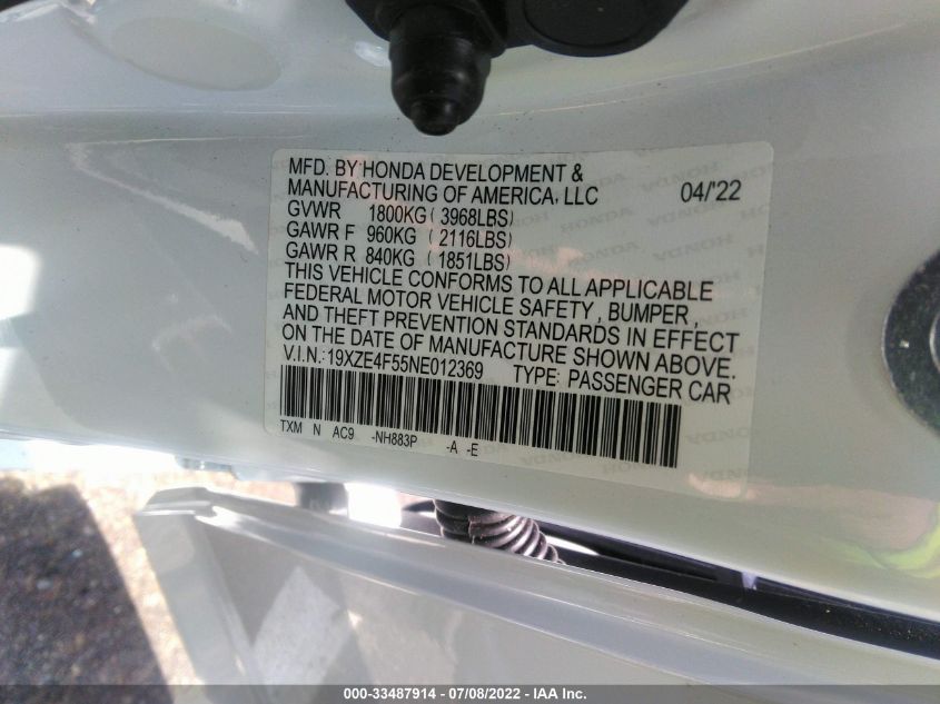 2022 HONDA INSIGHT EX 19XZE4F55NE012369