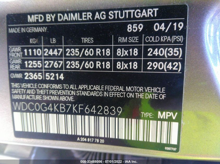2019 MERCEDES-BENZ GLC GLC 300 WDC0G4KB7KF642839