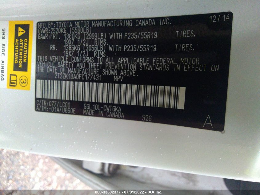 2015 LEXUS RX 350 2T2ZK1BA0FC177431