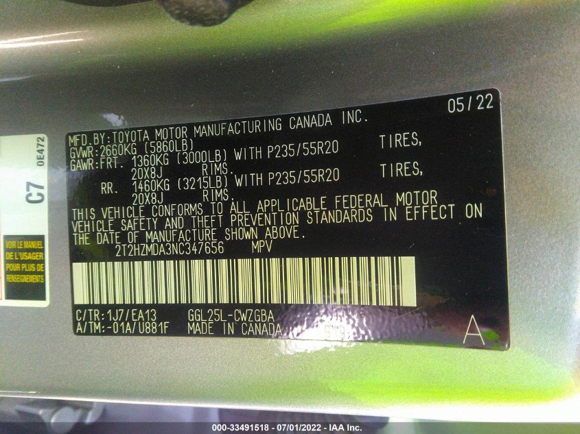 2022 LEXUS RX RX 350 2T2HZMDA3NC347656