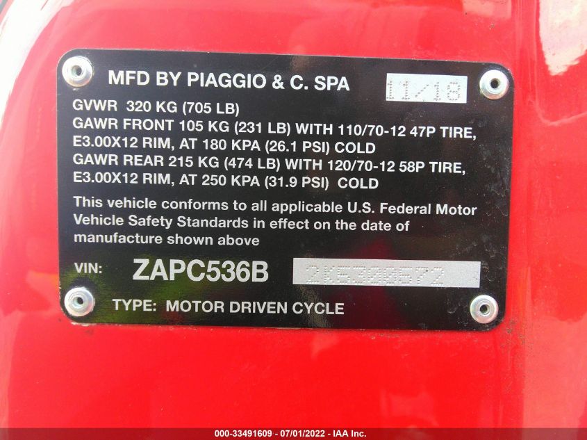 2019 VESPA PRIMAVERA ZAPC536B2K5300572