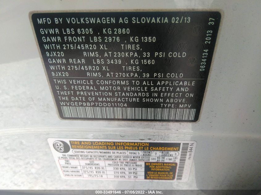 2013 VOLKSWAGEN TOUAREG EXEC WVGEP9BP7DD011104