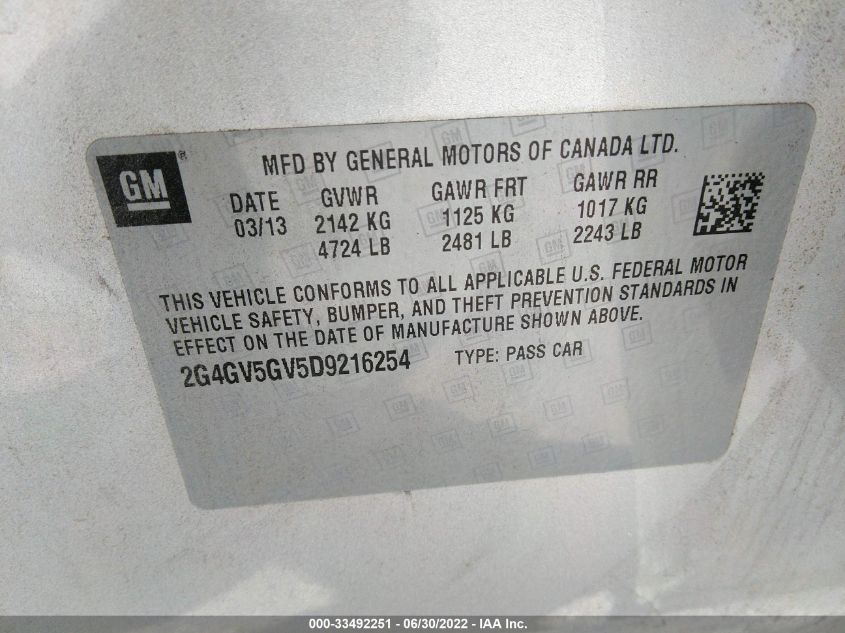 2013 BUICK REGAL GS 2G4GV5GV5D9216254