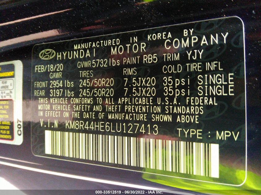 2020 HYUNDAI PALISADE SEL KM8R44HE6LU127413