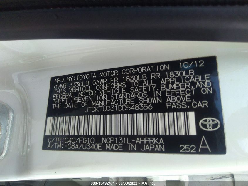 2013 TOYOTA YARIS JTDKTUD31DD548356