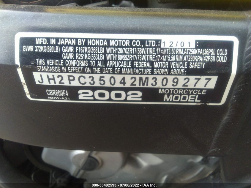 2002 HONDA CBR600 F4 JH2PC35042M309277