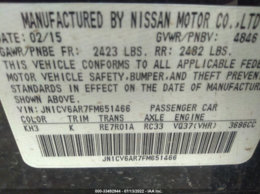 2015 INFINITI Q40 JN1CV6AR7FM651466