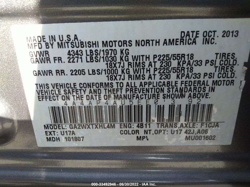 2014 MITSUBISHI OUTLANDER SPORT SE 4A4AP4AU5EE013192