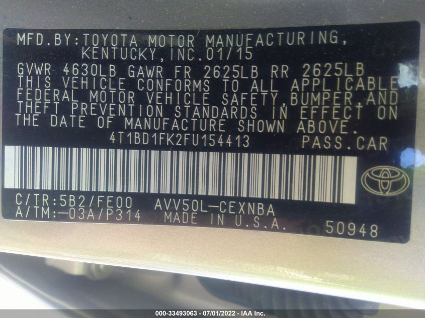 2015 TOYOTA CAMRY HYBRID LE/XLE/SE 4T1BD1FK2FU154413