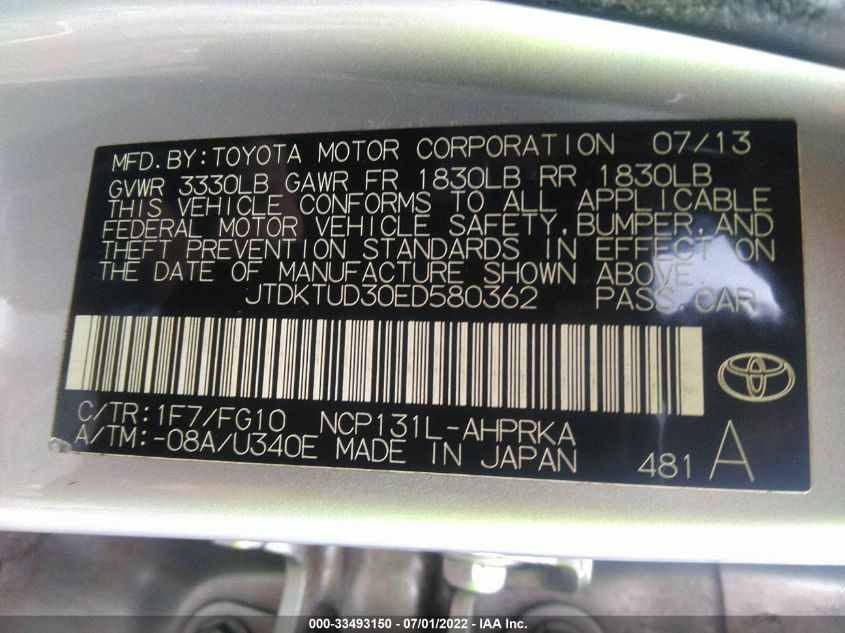 2014 TOYOTA YARIS LE JTDKTUD30ED580362