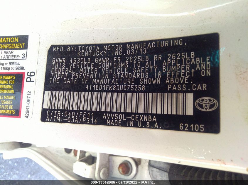 2013 TOYOTA CAMRY HYBRID LE/XLE 4T1BD1FK8DU075258