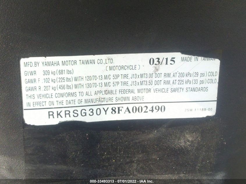 2015 YAMAHA XC155 RKRSG30Y8FA002490