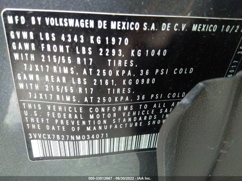 2022 VOLKSWAGEN TAOS S 3VVCX7B27NM034071