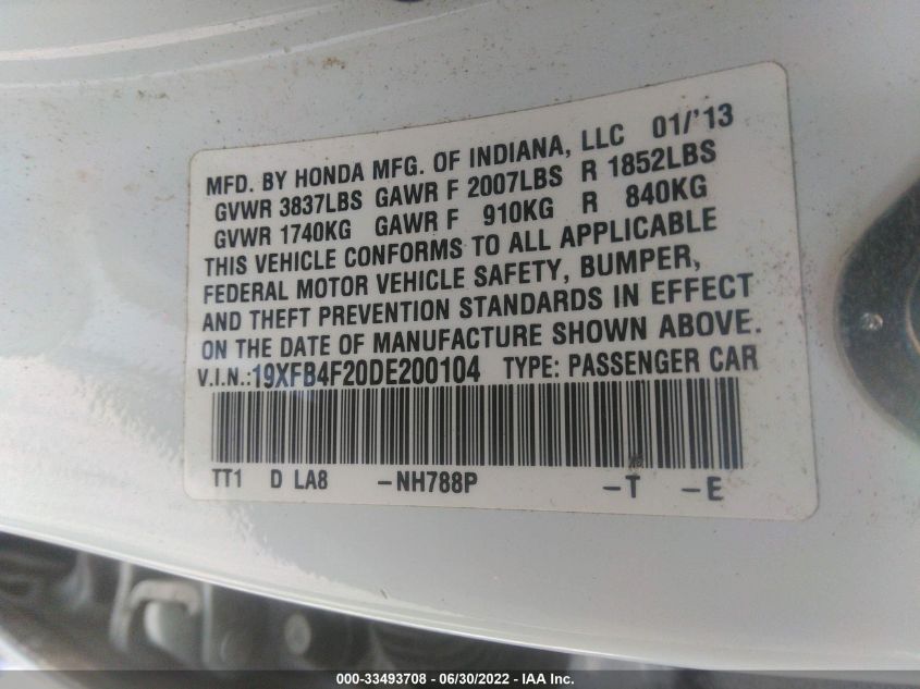 2013 HONDA CIVIC HYBRID HYBRID 19XFB4F20DE200104