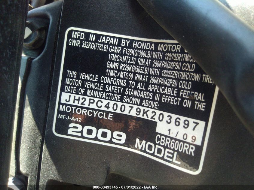 2009 HONDA CBR600 RR JH2PC40079K203697