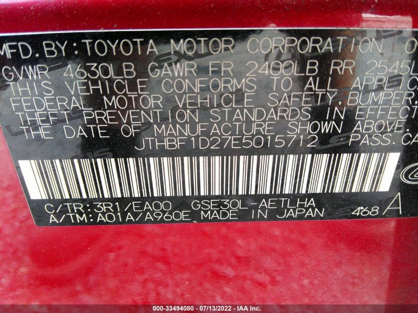 2014 LEXUS IS 250 JTHBF1D27E5015712