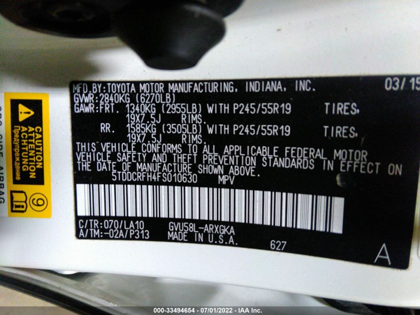2015 TOYOTA HIGHLANDER HYBRID LIMITED 5TDDCRFH4FS010630