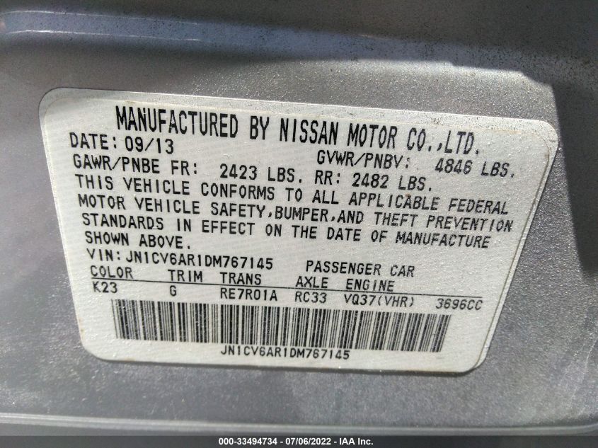 2013 INFINITI G37 SEDAN X JN1CV6AR1DM767145