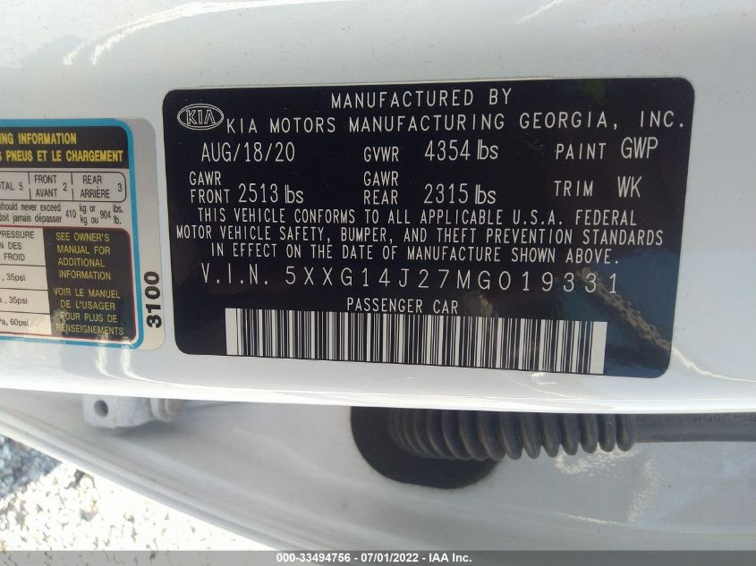 2021 KIA K5 LXS 5XXG14J27MG019331