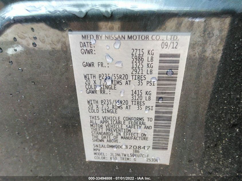 2013 INFINITI JX 5N1AL0MM0DC320847