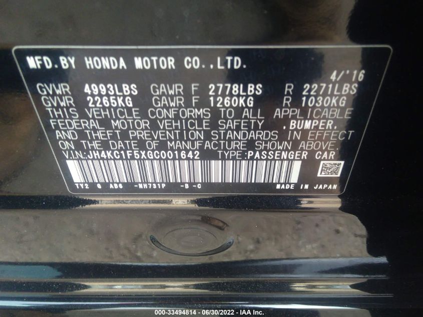 2016 ACURA RLX TECH PKG JH4KC1F5XGC001642