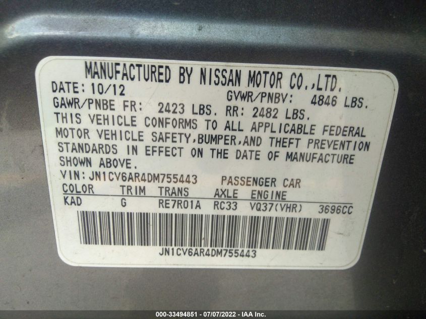 2013 INFINITI G37 SEDAN X JN1CV6AR4DM755443