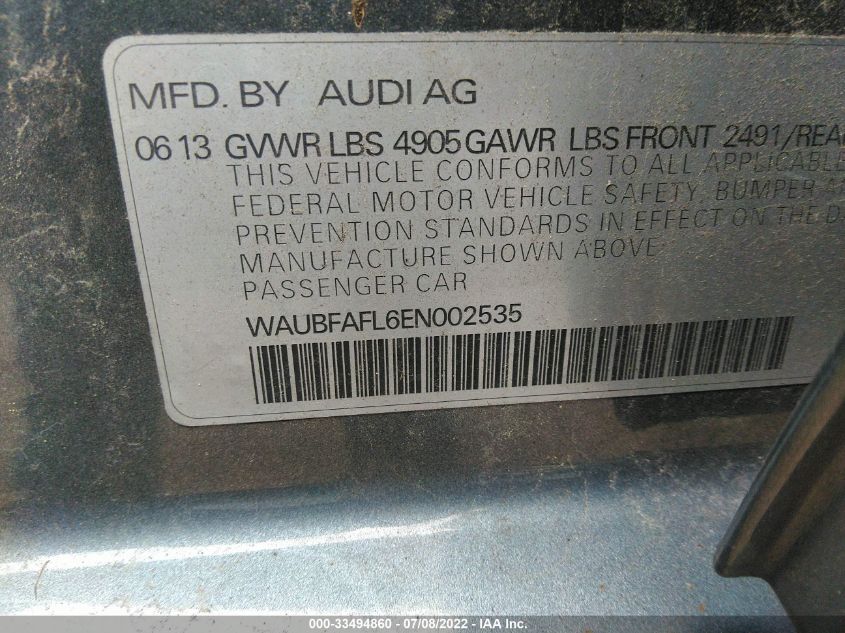 2014 AUDI A4 PREMIUM WAUBFAFL6EN002535