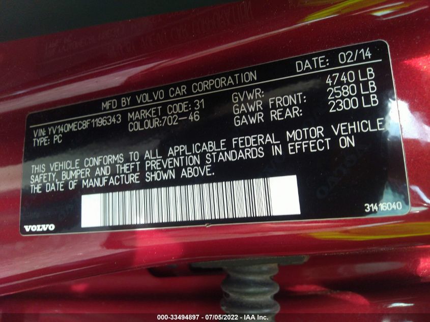 2015 VOLVO V60 T5 DRIVE-E PREMIER PLUS YV140MEC8F1196343