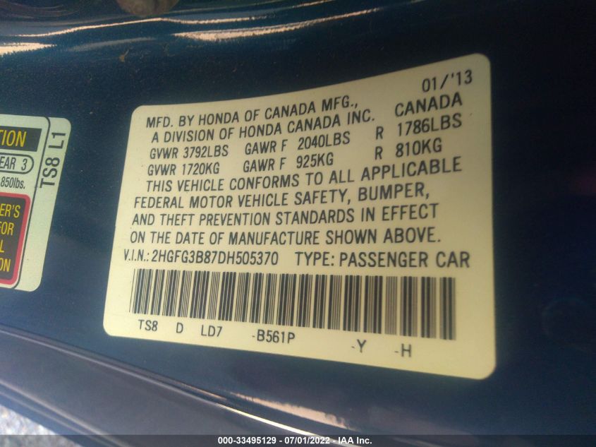 2013 HONDA CIVIC CPE EX 2HGFG3B87DH505370
