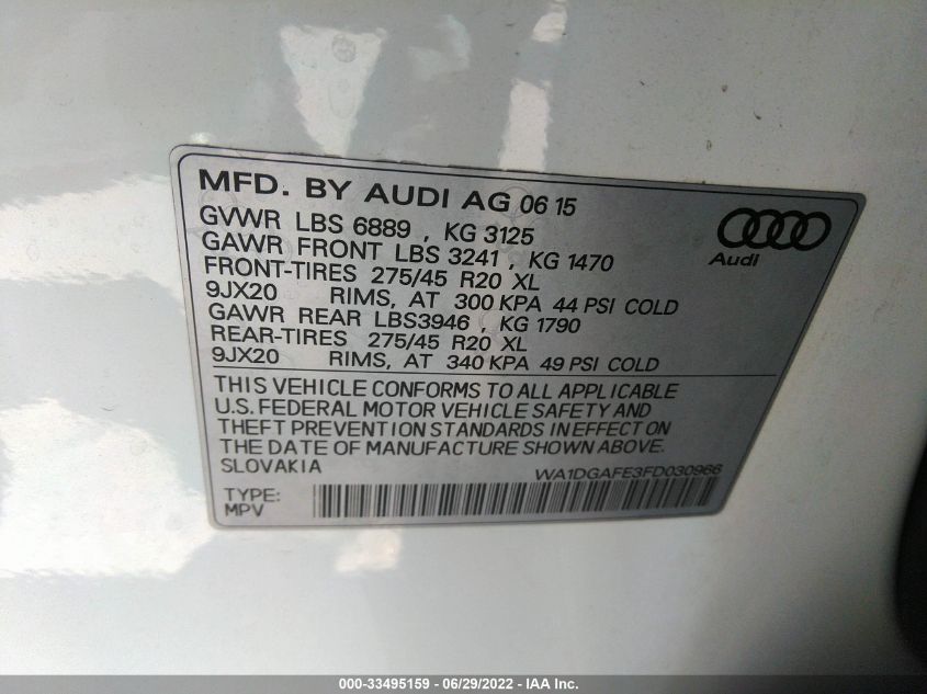 2015 AUDI Q7 3.0T S LINE PRESTIGE WA1DGAFE3FD030966
