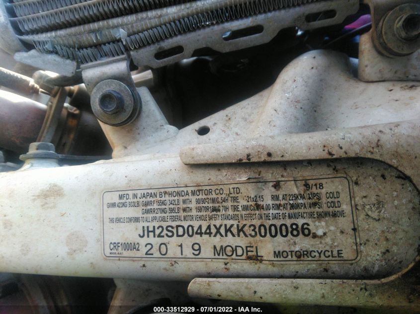 2019 HONDA CRF1000 A JH2SD044XKK300086