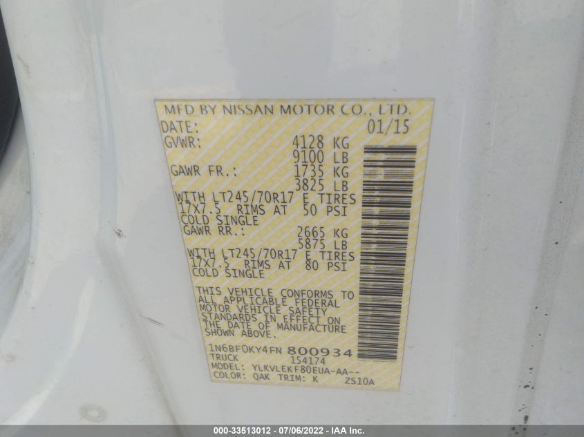 2015 NISSAN NV SV 1N6BF0KY4FN800934
