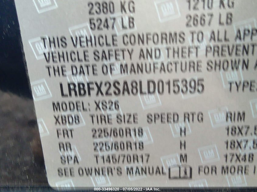 VIN LRBFX2SA8LD015395 2020 BUICK ENVISION ESSENCE