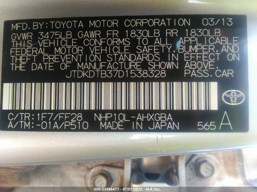 2013 TOYOTA PRIUS C JTDKDTB37D1538328