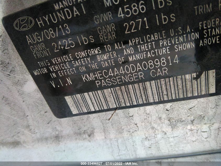 2013 HYUNDAI SONATA HYBRID KMHEC4A40DA089814