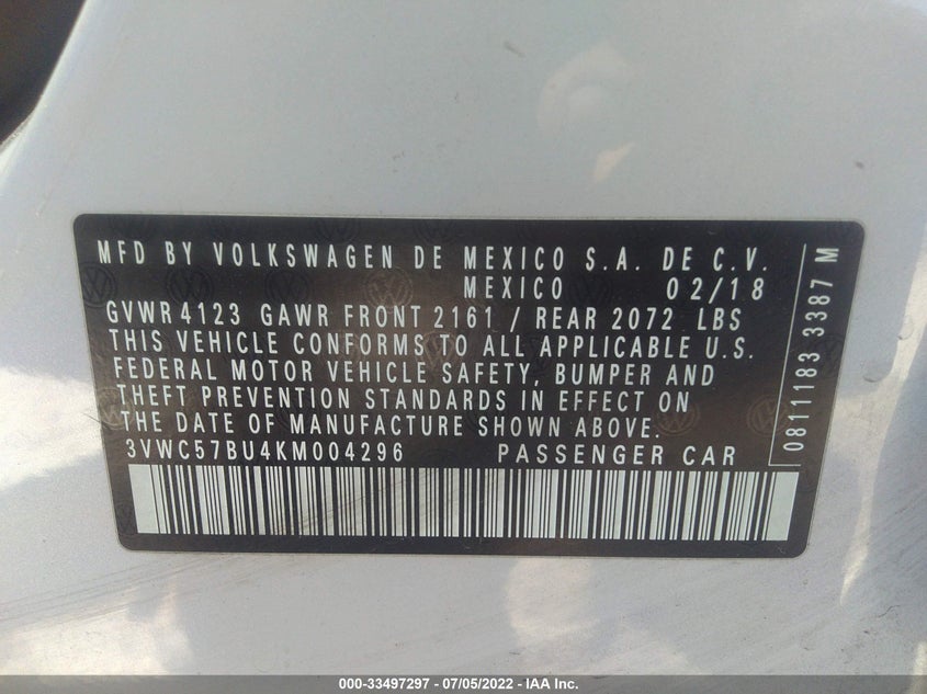 VIN 3VWC57BU4KM004296 2019 VOLKSWAGEN JETTA S/SE/R-LINE