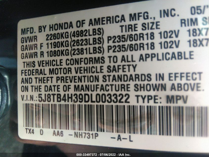 2013 ACURA RDX 5J8TB4H39DL003322