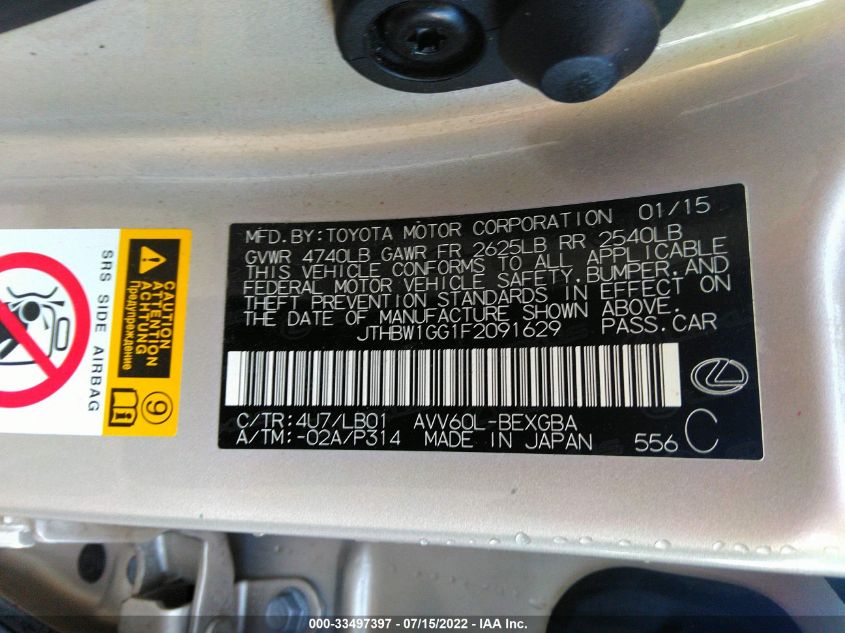 2015 LEXUS ES 300H 300H JTHBW1GG1F2091629