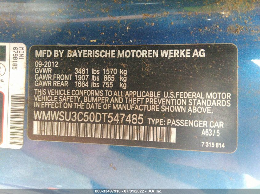 2013 MINI COOPER HARDTOP WMWSU3C50DT547485