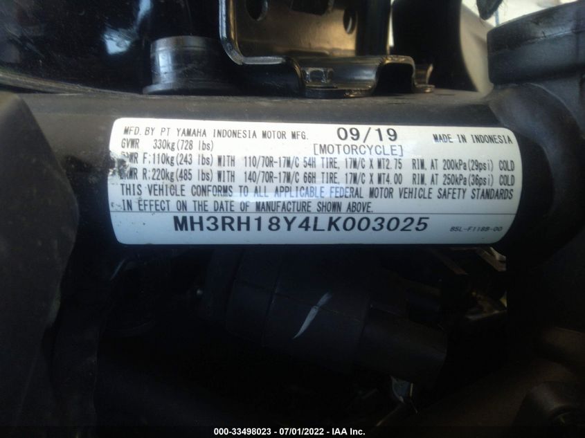 2020 YAMAHA YZFR3 A MH3RH18Y4LK003025