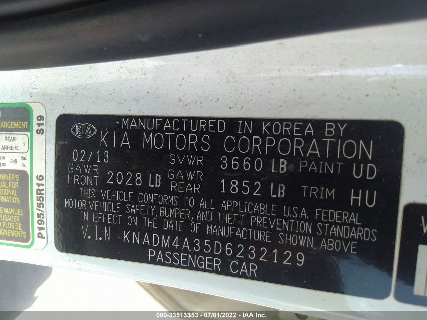 2013 KIA RIO LX KNADM4A35D6232129
