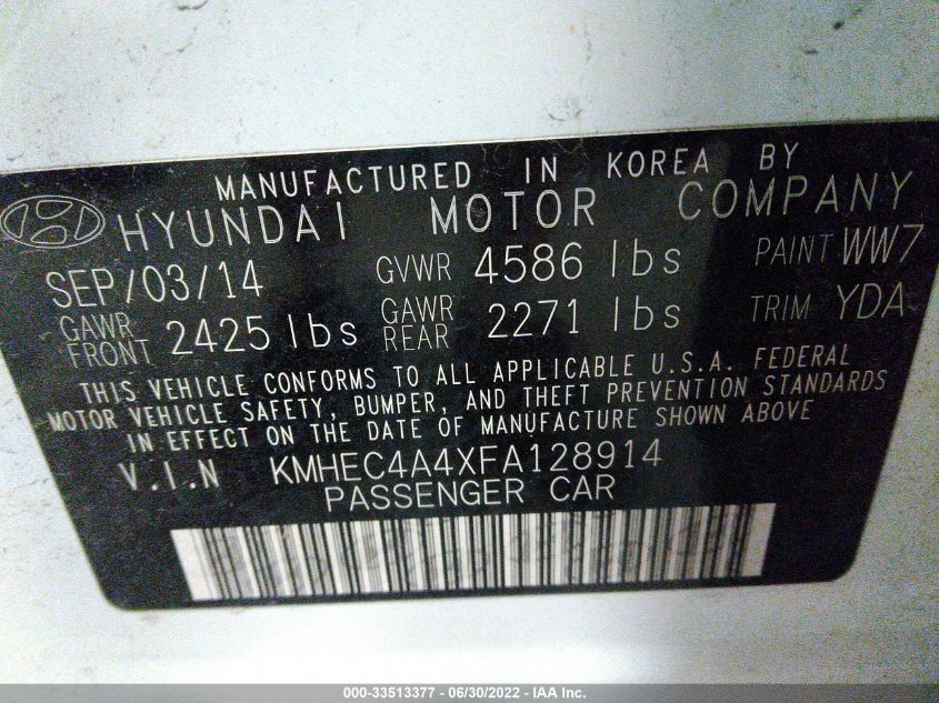2015 HYUNDAI SONATA HYBRID KMHEC4A4XFA128914
