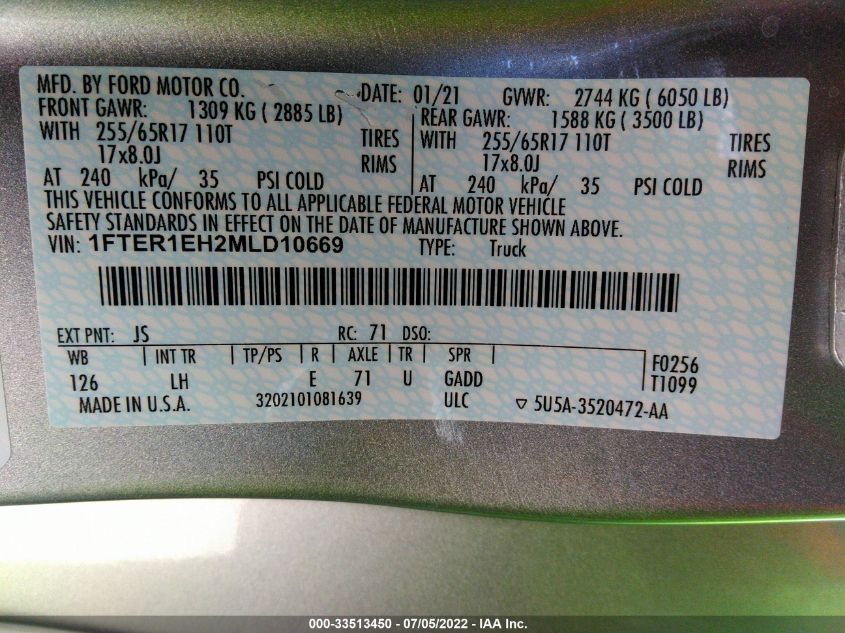 2021 FORD RANGER XL/XLT/LARIAT 1FTER1EH2MLD10669