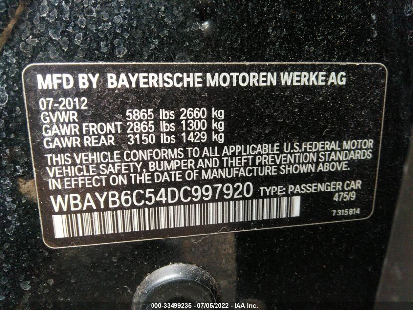 2013 BMW 7 SERIES 750I XDRIVE WBAYB6C54DC997920