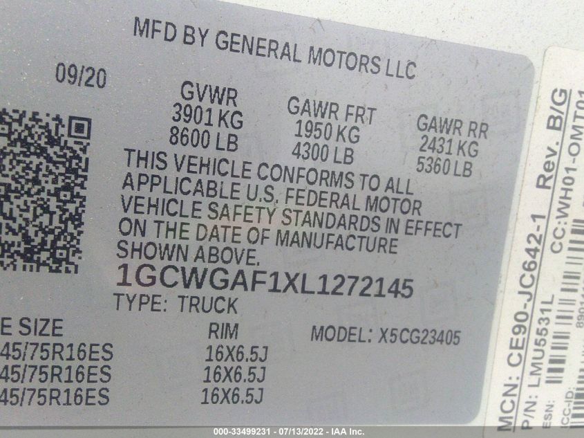 2020 CHEVROLET EXPRESS CARGO VAN 1GCWGAF1XL1272145