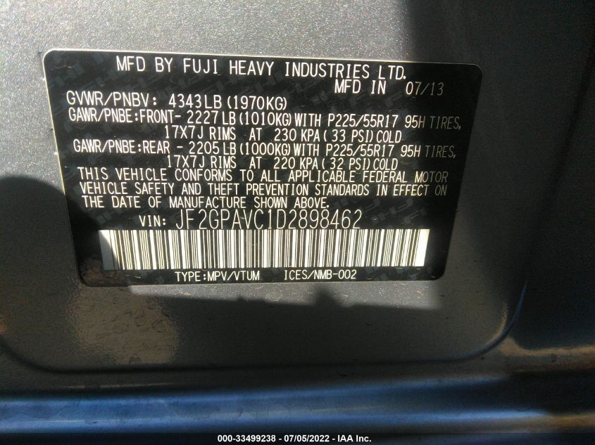 2013 SUBARU XV CROSSTREK PREMIUM JF2GPAVC1D2898462