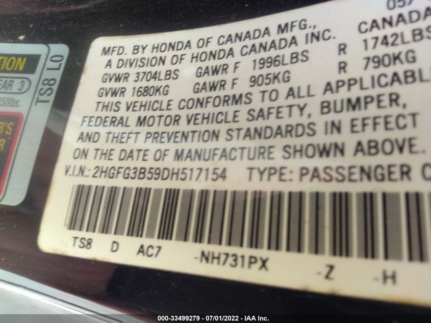 2013 HONDA CIVIC CPE LX 2HGFG3B59DH517154