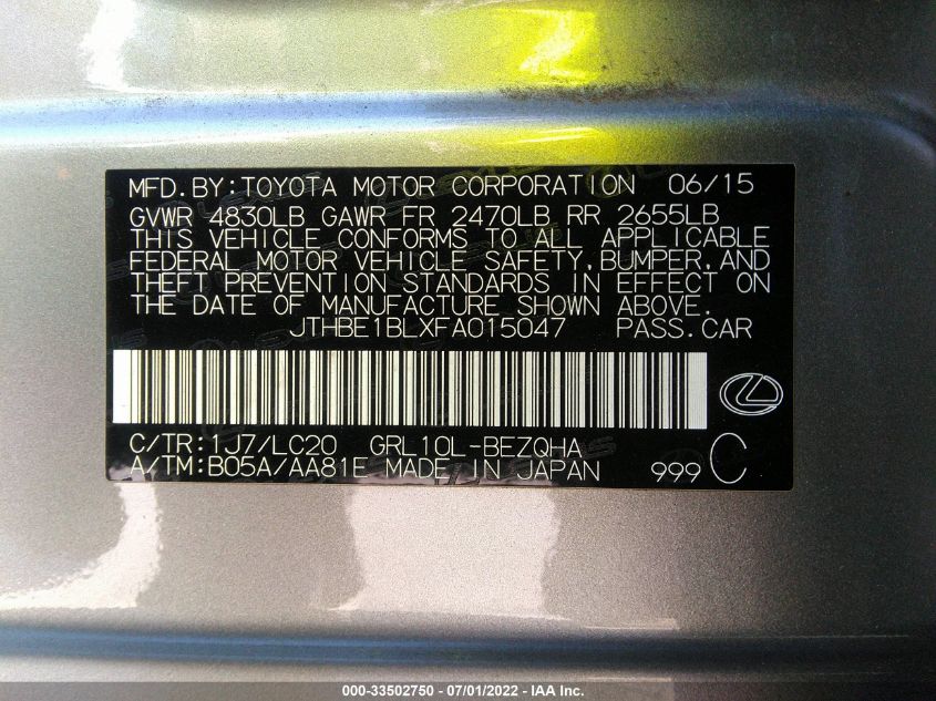2015 LEXUS GS 350 JTHBE1BLXFA015047