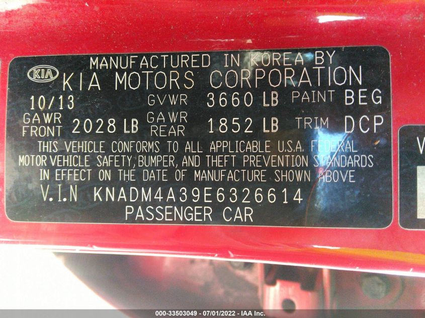 2014 KIA RIO LX KNADM4A39E6326614